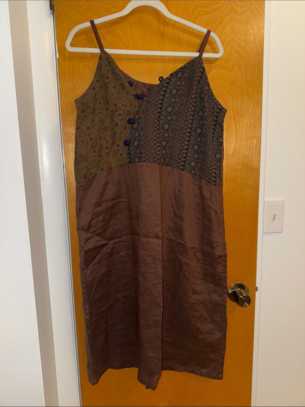 Brown Patchwork Midi Linen Slip Dress